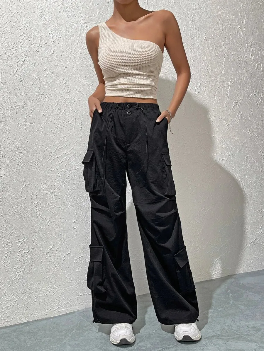 Trendy Solid Flap Side Pocket Cargo Pants