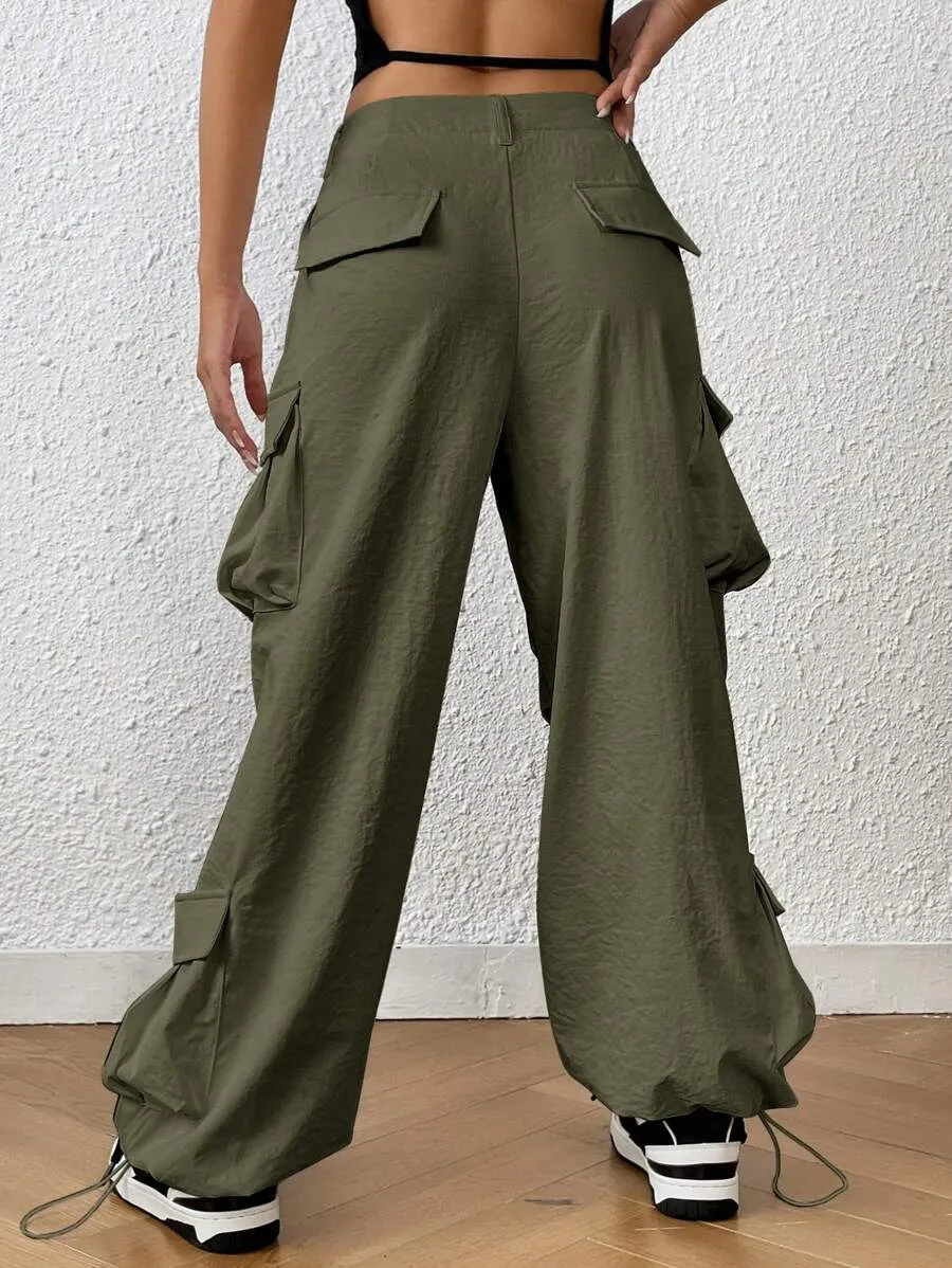 Trendy Solid Flap Side Pocket Cargo Pants