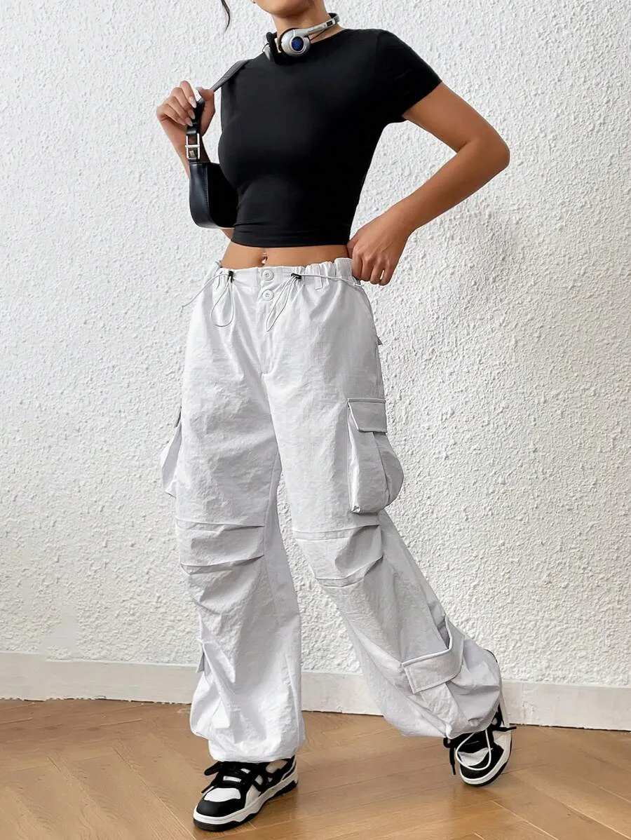 Trendy Solid Flap Side Pocket Cargo Pants