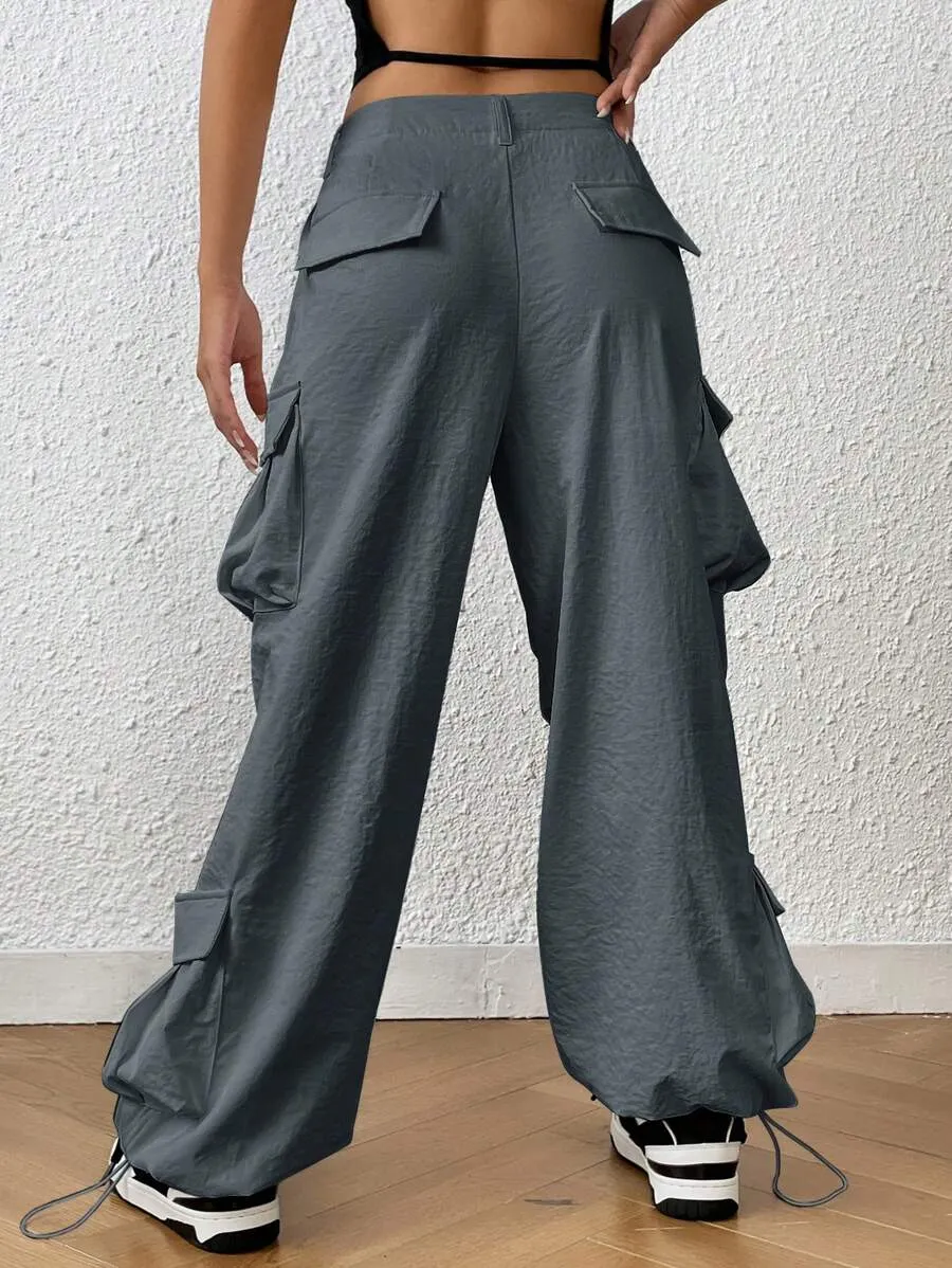 Trendy Solid Flap Side Pocket Cargo Pants
