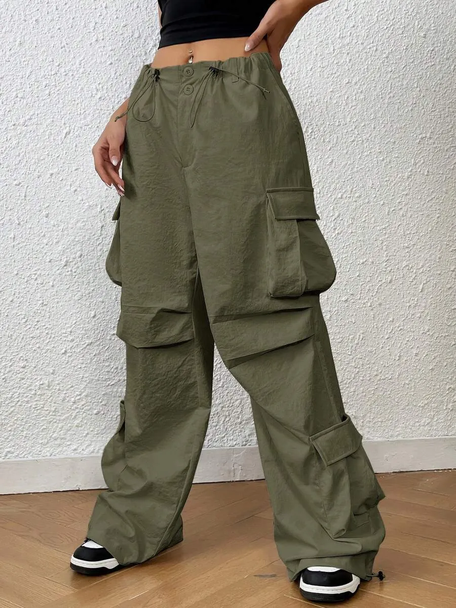 Trendy Solid Flap Side Pocket Cargo Pants