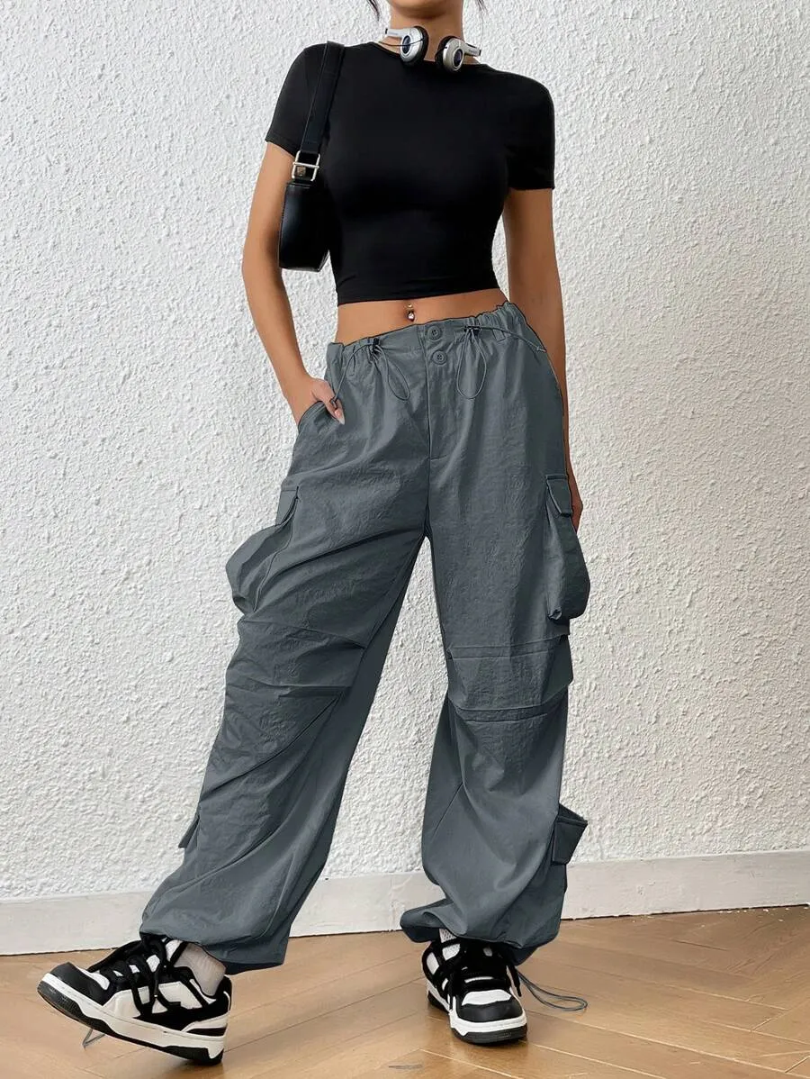 Trendy Solid Flap Side Pocket Cargo Pants
