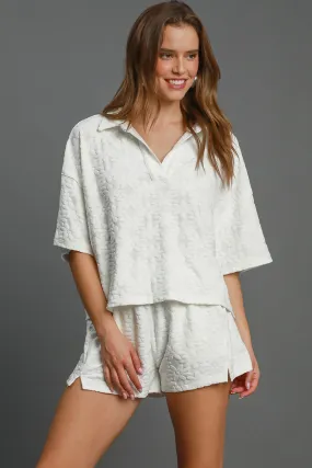 White Floral Elastic Waist Jacquard Shorts with Pockets