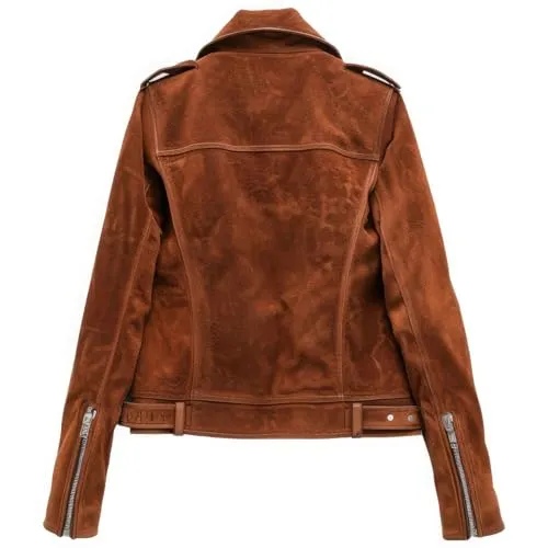 Womens Cinnamon Brown Genuine Suede Elegant Lapel Collar Racing Sleek Multi Zipper Sporty Scooter Leather Jacket